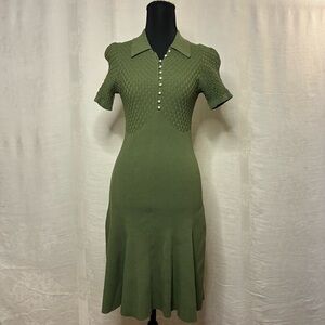 Sandro Paris Olive Green Knit Polo Dress Puff Sleeves Pearls Small